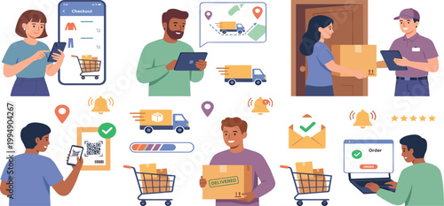 Online shopping and fast delivery service concept with people buying goods, tracking packages, and receiving orders at home.