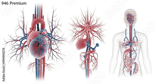 A detailed illustration of the human circulatory system, showcasing the heart, lungs, and blood vessels in a clear and anatomically correct vector graphic design.