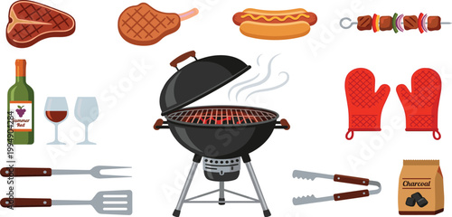 Set of barbecue grill equipment with assorted grilled food, wine, and cooking tools for summer outdoor party vector illustration