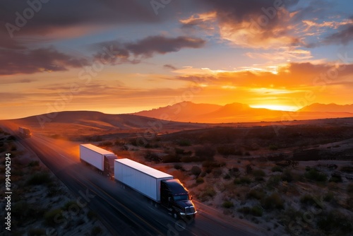 Trucks Driving on a Highway During Sunset in a Desert Landscape With Mountain...