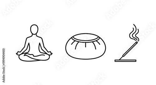 Meditation line icons with yoga pose cushion and incense stick