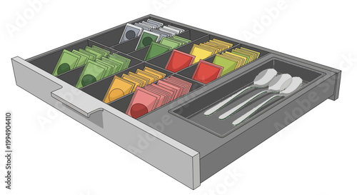 Organized tea drawer with colorful packets and spoons in compartmentalized storage