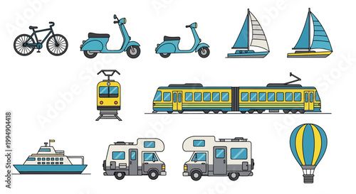 Various modes of transportation in modern linear style for creative projects