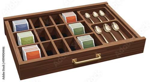 Wooden tea organizer with spoons in compartments