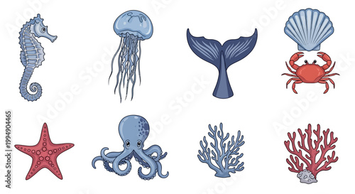 Charming marine life elements in cartoon style for design projects