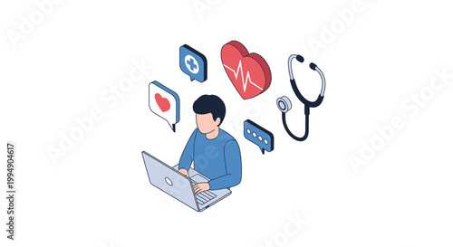 Telemedicine Isometric Illustration of Patient Consulting Doctor Online with Laptop and Medical Icons