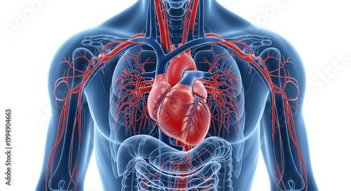 A detailed illustration of the human body's circulatory system with a visible heart and blood vessels.