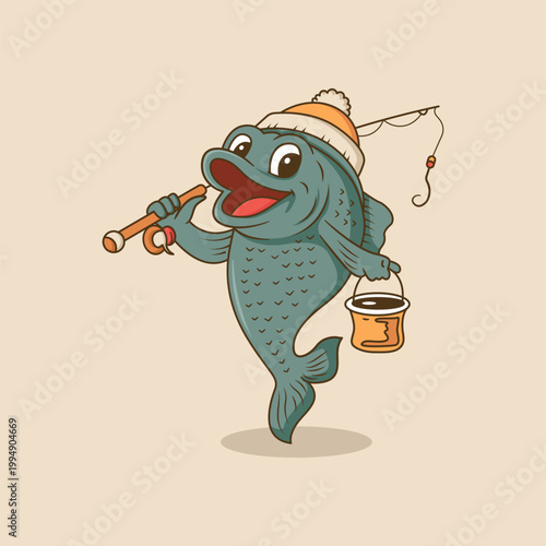 Cute Cartoon Fish Fishing Character Vector Illustration Fun Mascot Design