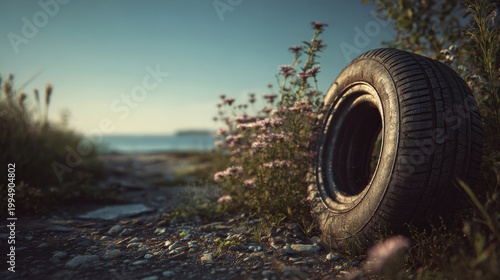 Abandoned old car tire lying on rocky ground among wild flowers and grass near seaside at dusk time.