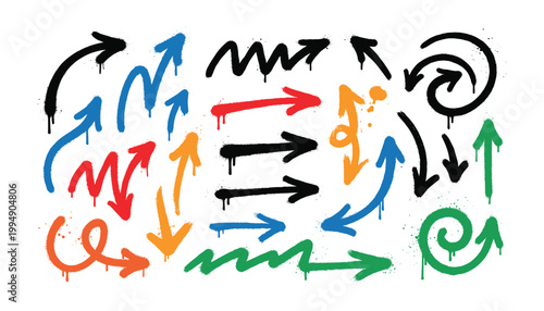 Colorful spray paint arrows and scribbles on transparent background vector collection.