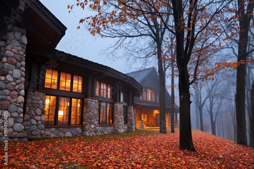 Autumn Scene of a House Surrounded by Trees With Leaves on the Ground in Fogg...