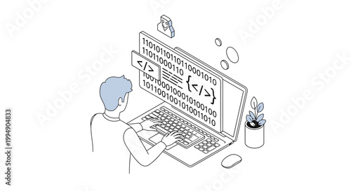 Isometric Software Developer Coding on Laptop with Binary Data and Programming Symbols - Modern Web Engineering and Cybersecurity Concept Illustration