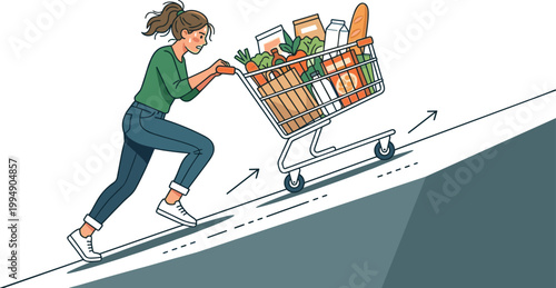 Stressed woman pushing a heavily loaded grocery shopping cart uphill, illustrating inflation and rising cost of living expenses.