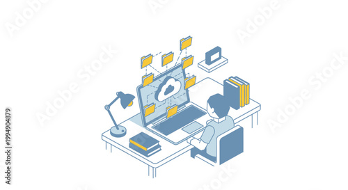 Isometric Illustration of Cloud Computing and Digital File Management for Online Data Storage and Backup Solutions
