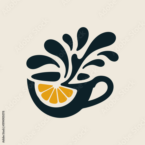 Abstract tea cup illustration with lemon slice and liquid splash for refreshment cafe and beverage logo concept