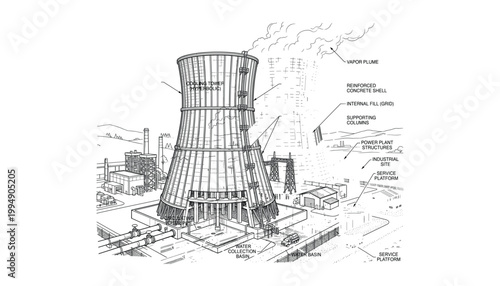 Cooling tower industrial site power plant diagram on transparent background vector.