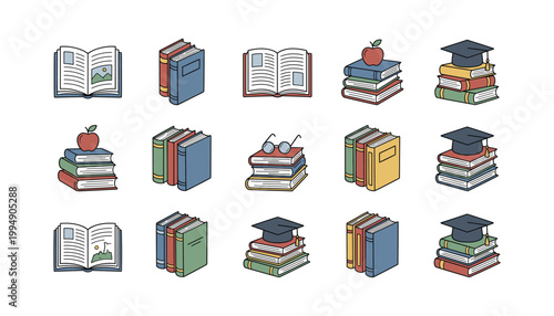 Stack of books open and closed with graduation cap and apple vector illustration.