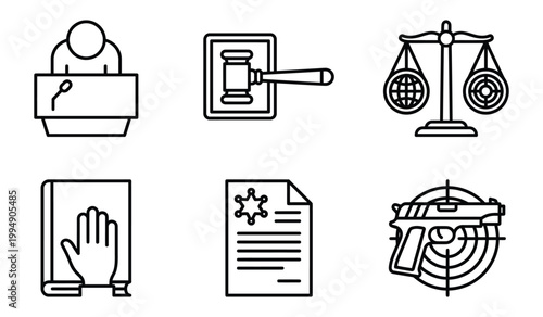 Legal and justice system line icons showing a speaker judge gavel scale of justice oath bible certificate and target with gun