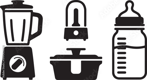 Minimalist black silhouettes of coffee brewing and serving tools