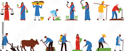 Farmers and agricultural workers activities set with planting, harvesting, digging, watering, carrying tools and livestock care cartoon vector illustration