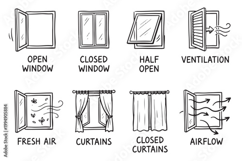Seasonal Window Doodle Icons Set – Hand Drawn Winter, Spring, Summer and Autumn Window Sketch Collection
