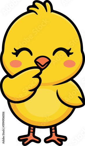 Cute friendly shy yellow chick character in simple flat vector illustration, child friendly cartoon animal design style