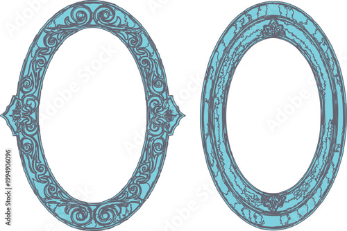 Oval frames with detailed cyan filigree work provide a sophisticated border for invitations and formal documents.