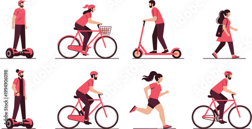 People using eco friendly transportation set with walking, running, cycling and electric scooter riding in modern flat cartoon vector illustration