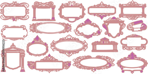 Ornate frames in soft pink hues showcase a variety of classical and decorative border styles on a white background.