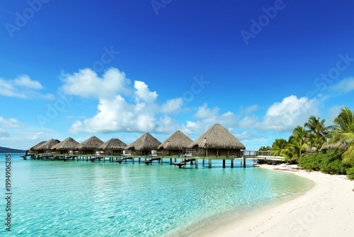 Clear Water Surrounds Wooden Huts in Tropical Location Near Palm Trees and Bl...