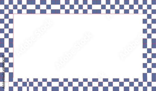 Border composed of blue and white checkered squares frames the composition with a geometric pattern.