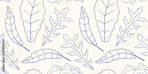 Vector mediterranean blue seamless pattern hand drawn outline sketch monochrome doodle print. Arugula, salad leaf element backdrop. Botanical background for textile, packaging, wrapping paper design.