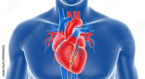 A detailed illustration of a human heart and circulatory system on a blue torso