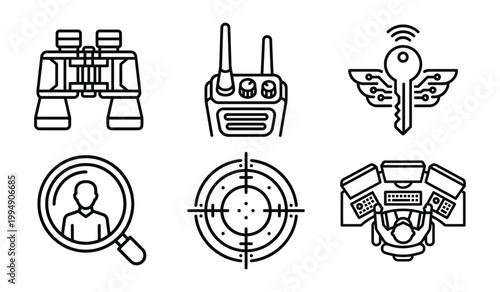 Security and surveillance line icons set with binoculars walkie talkie digital key person search target and control center