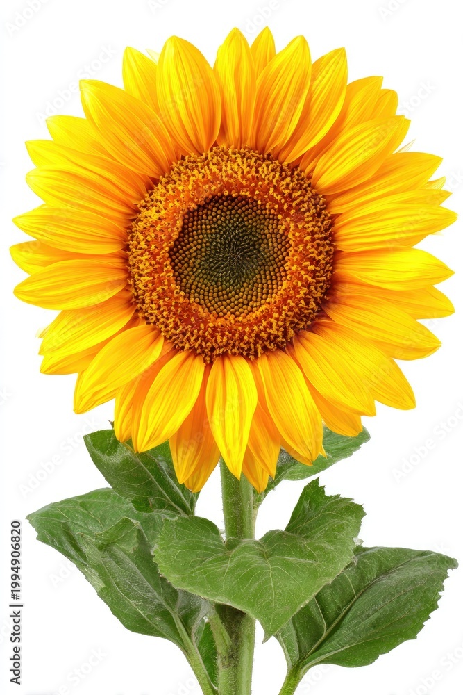 Fototapeta premium Vibrant sunflower in full bloom with yellow petals and green leaves isolated