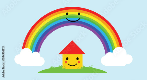 Cute Rainbow with Smiling House and Clouds, Kawaii Cartoon Illustration