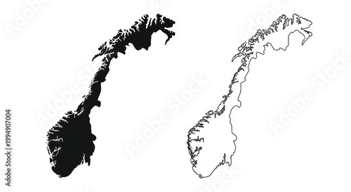A stark black and white depiction of norway s coastline showing its long jagged fjords and mountainous terrain