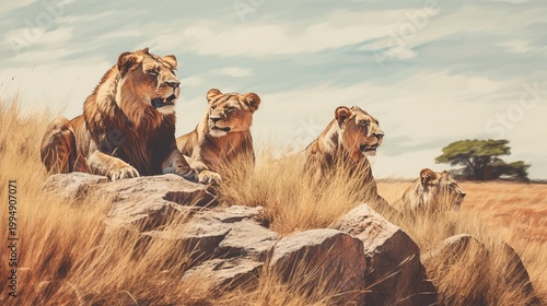 A Pride of Lions Perched on Weathered Rocks Over the African Savanna at Sunset