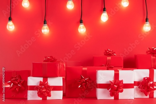 Colorful Gifts Wrapped in Red and White With Lights Hanging Overhead for a Fe...