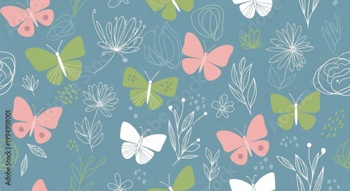 Pastel Butterfly and Floral Seamless Pattern with Hand Drawn Flowers on Blue Background