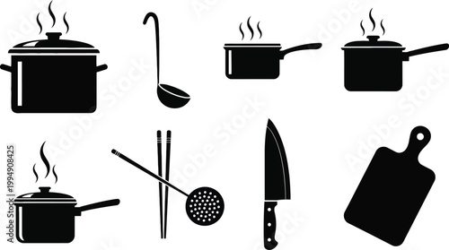 Black silhouette kitchen utensils pots ladle knife and cutting board