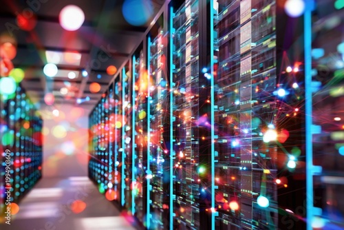 Data Center With Servers Glowing in Colors and Lights at Night Showcasing Tec...