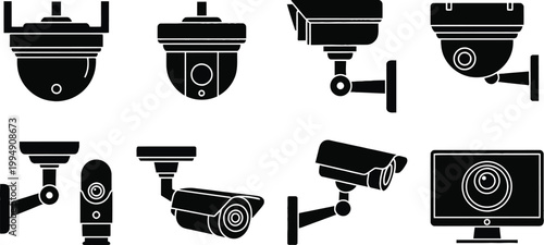 Security camera icons set diverse surveillance technology illustrations