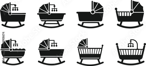 Black and white icon set of various baby carriages and strollers