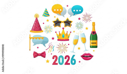 2026 party props collection with hats glasses champagne vector