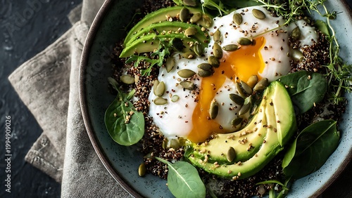 avocado and poached egg quinoa bowl with seeds