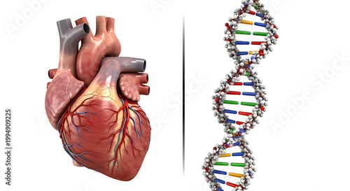 A detailed illustration of a human heart and a DNA double helix structure on a white background