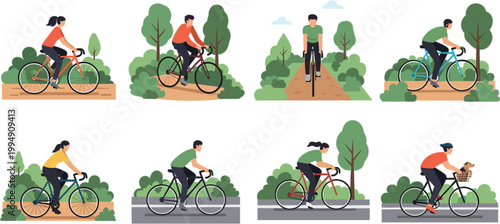People cycling in park set with cyclists riding bicycles outdoor activity healthy lifestyle nature vector illustration collection