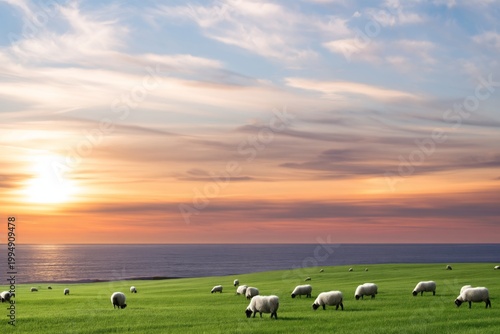 Sheep Graze on Green Grass Near the Ocean During Sunset Hours in a Peaceful L...