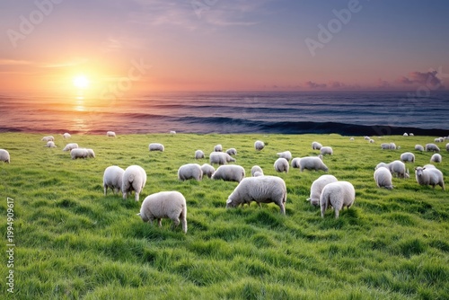Sheep Graze on Green Grass by the Ocean at Sunset Near a Coastal Area